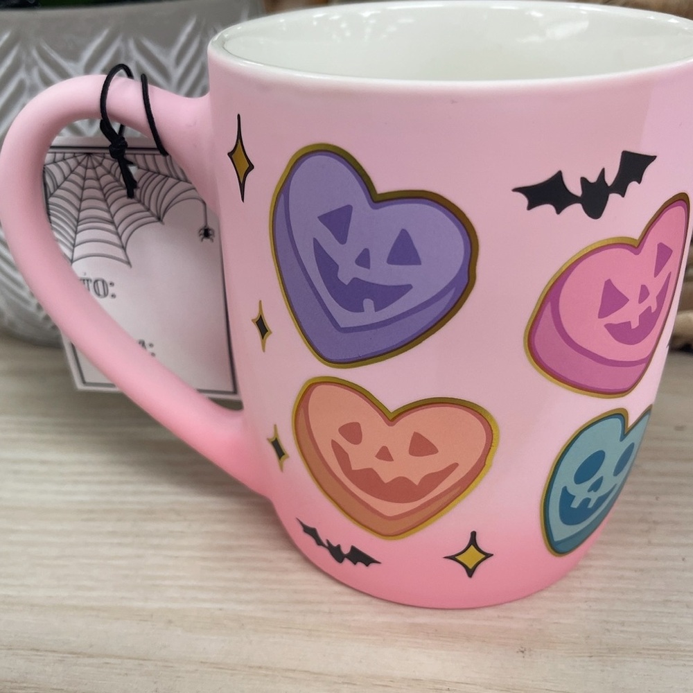 Halloween Pink Jack o’lantern Conversation Hearts Smooth Matte Coffee Mug NWT